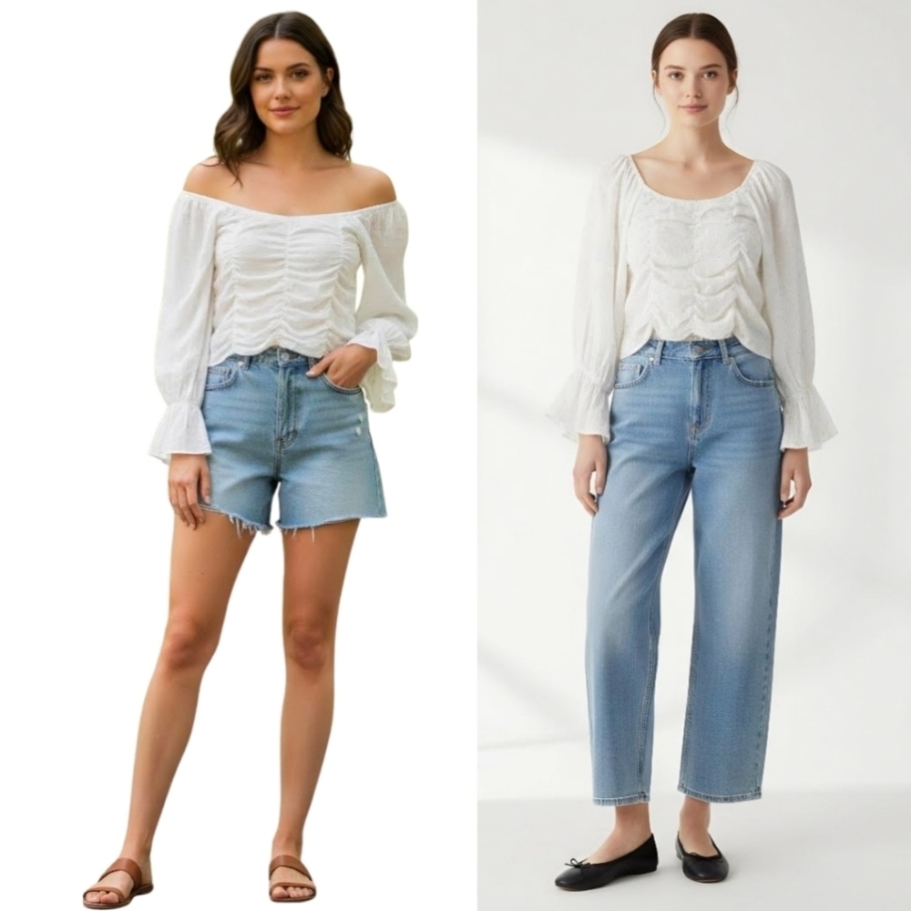 New! ZARA Bohemian Peasant Balloon Sleeve Swiss Dot Ruched Cropped Blouse Top